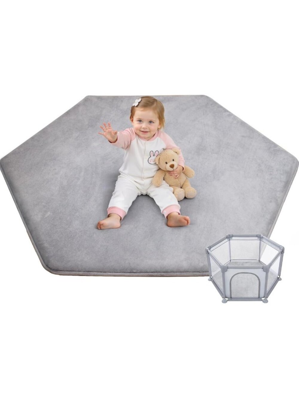 Thick Hexagon Baby Play Mat 65x56 - Safe, Soft Floor Mat for Infants, Grey